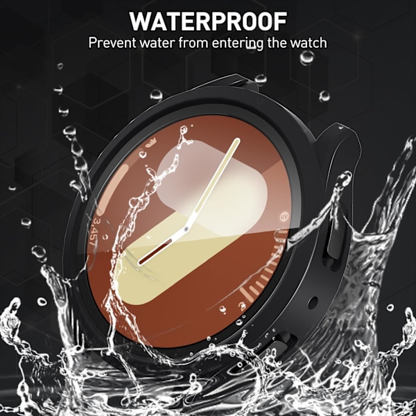 2-pakning for Galaxy Watch 7 44mm Vanntett Deksel, 9H Herdet Glass Skjermbeskytter, Full Dekning PC Matt Beskyttelsesdeksel Bumper - Svart+Svart Svart