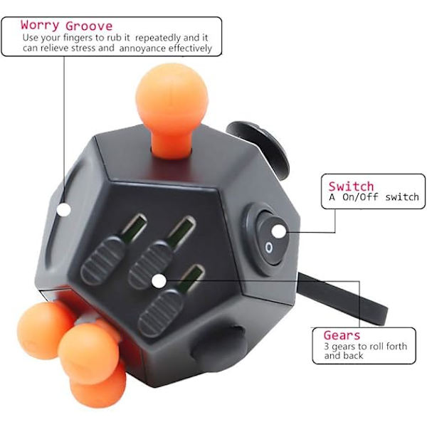 Dodecagon Fidget Cube - Førsteklasses Stress Relief Legetøj - til ADHD/Autisme (Sort)