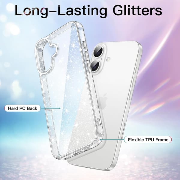 Glitterdeksel til iPhone 16 6,1-tommer, Bling Glitter Støtsikkert Telefon Bumper Deksel, Søtt Glitrende for Kvinner og Jenter