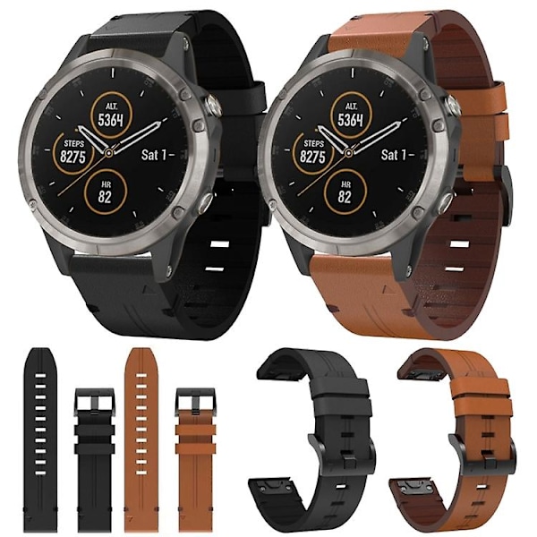 För Garmin Fenix 5 22mm Läder Stål Spänne Klockarmband CXP Brown