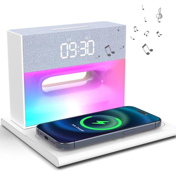 För sovrum, väckarklocka Bluetooth-högtalare, väckarklocka med trådlös laddning, 4 i 1 touch-sänglampa, Bluetooth-väckarklocka för tung vit