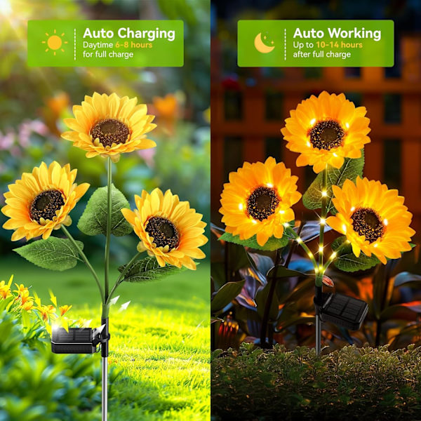 Solcelledrevne udendørs havedekoration - Opgraderet 3-pak solcelledrevne havelamper med 9 solsikkeblomster, vandtætte solcelledrevne udendørslamper automatisk tænd/sluk 3