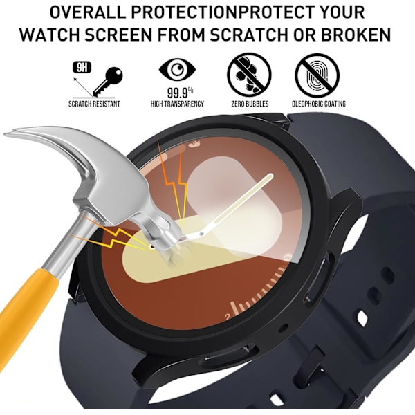 2-pakning for Galaxy Watch 7 44mm Vanntett Deksel, 9H Herdet Glass Skjermbeskytter, Full Dekning PC Matt Beskyttelsesdeksel Bumper - Svart+Svart Svart