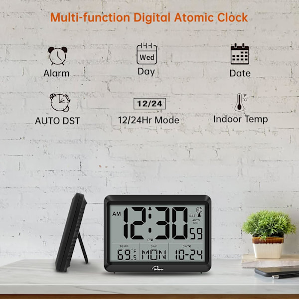 Atomur Baery Operated - Stor Display Digital Alarmklocka med Sekunder och Inomhustemperatur, 4 Tidszoner, DST Svart 8,5 tum - Svart