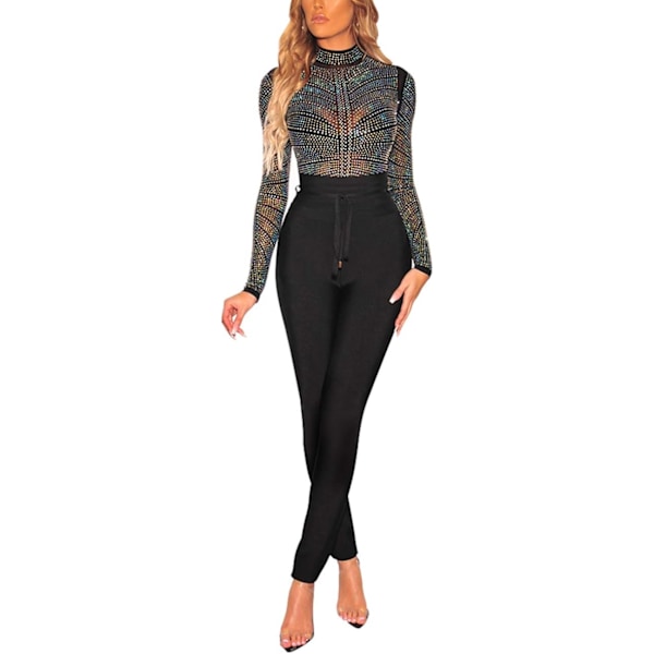 Kvinder Langærmet Mesh Gennemsigtig Jumpsuit Bodysuit Top Leotard