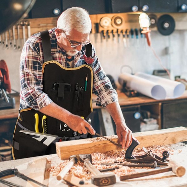 Verktøyforkle for menn og kvinner, Torso-lengde med 21 verktøylommer, Slitesterkt lerretforkle for DIY-entusiaster (Black Pro)