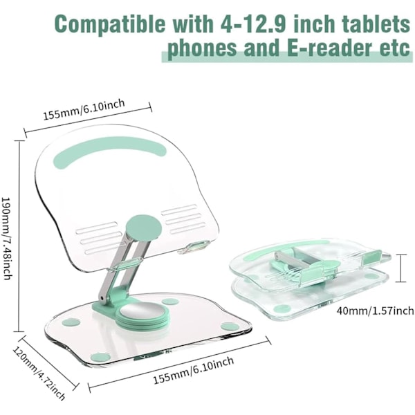 Akryl Tabletthållare med 360° Roterande Bas, Vikbart Justerbart Transparent Tabletställ för Skrivbord Hemmakontor, Kompatibel med iPad Pro Air M