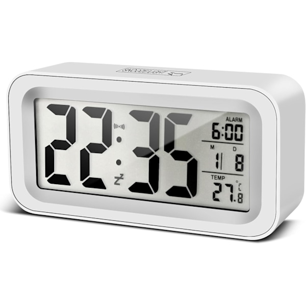 Uppgraderad Digital Väckarklocka - Sängklocka med Temperatur, Snooze, Nattlampa & Kalender (Vit)
