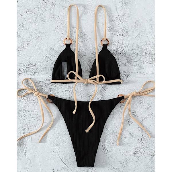 Kvinnors Triangel String Bikini Ribbad O Ring Tie Sida Tvådelad Baddräkt