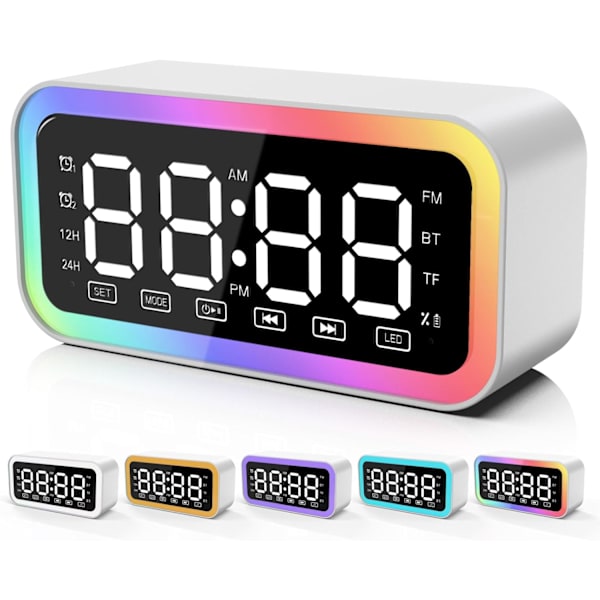 Stor digital dubbel väckarklocka med snooze, Bluetooth-högtalare med HIFI-stereo, 3-nivåers dimbar, färgglada LED-lampor, röstaktiverad, vit