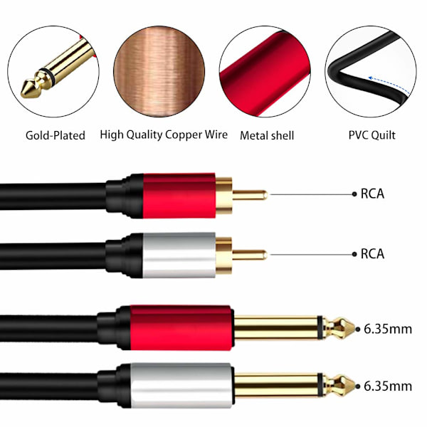 2 x 6,35 mm til 2RCA-kabel - Stereo Jack til RCA-lydkabel