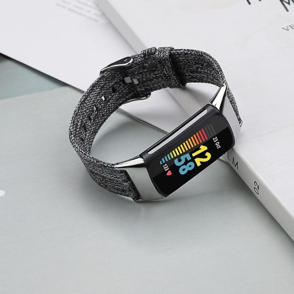 For Fitbit Charge 5 Nylon Canvas Watch Band JRT Black Grey