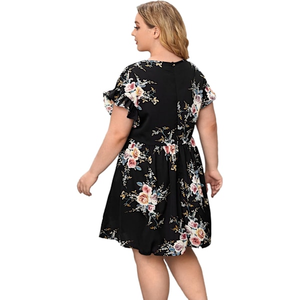 Plus Size Dame Tropisk Blad Print Flæseærmet Plisseret Kort Kjole