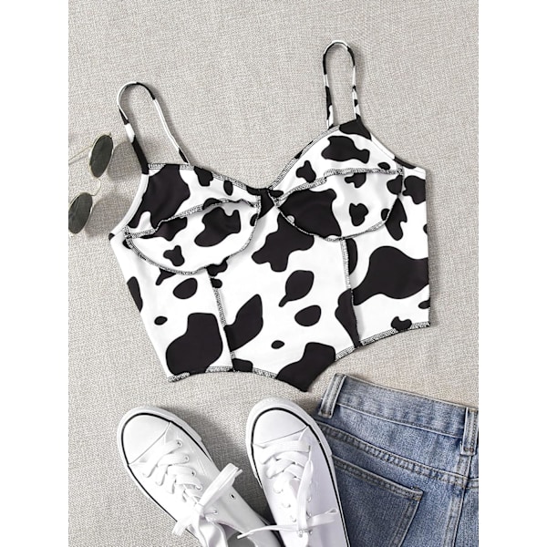 Kvinde Sød Ko Print Spaghetti Stropper Ærmeløs Cami Crop Top Camisole