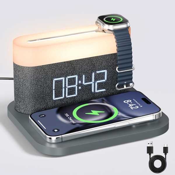 Vekkerklokke med multifunksjonell mobiltelefonklokke Trådløs lading 15W Maks Touch-senglampe, 3 farger nattlys, sovetimer for grå S26W
