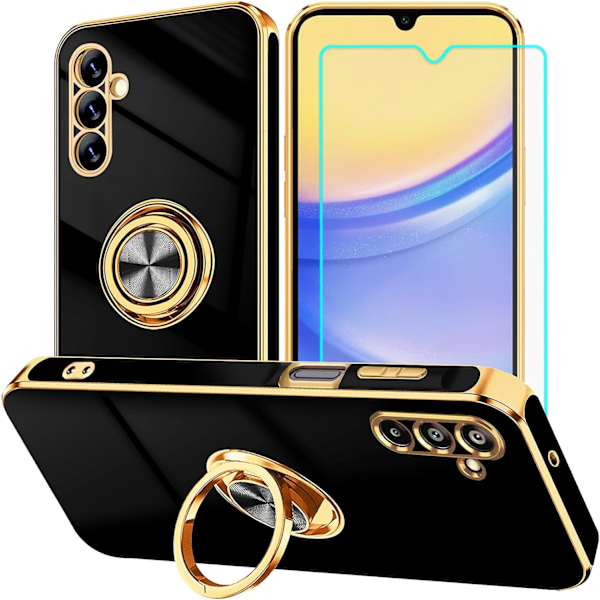 til A15 5G Etui med Skærmbeskytter: Slankt Letvægts 360° Ringholder Støtteben Stødsikkert - Beskyttende Telefonetui til Galaxy A15 5G Sort Sort