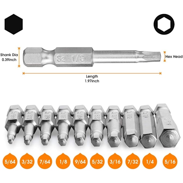 10PCS Hex-hode Allen-nøkkel Drill Bit Set. S2 Stål Hex-hode