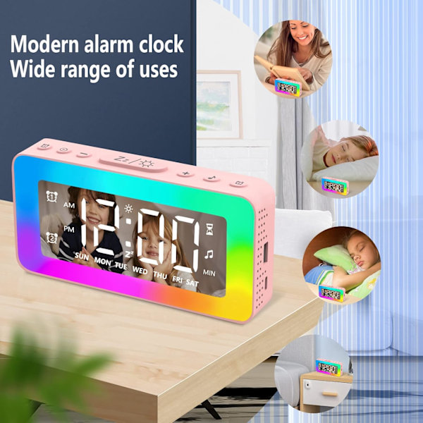 Barnväckarklocka, Vitt brus sömnstöd, Sängklocka med 8 lägen RGB nattlampa, Daglig/Vardag/Helg-läge, Dubbel väckarklocka, USB Rosa