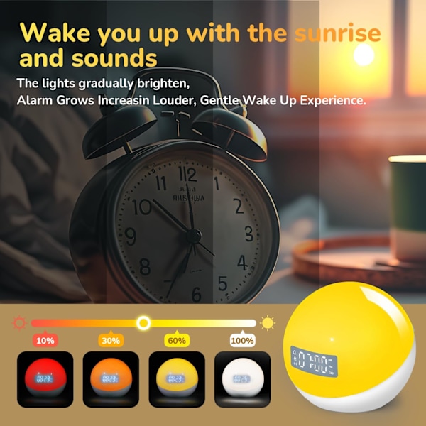 Smart vækkeur med lys med 20+ farver, 12 lyde, 4 alarmer, solopgangsvækning, snooze, sleep timer, natlys, app-styring, LED-stemningslys hvid