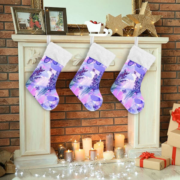 Julklapp, personliga julklappsstrumpor 2-pack Lila Lavendel Fjäril Blomma 45,7 cm Julstrumpor Hängande Ornament Eldstad för