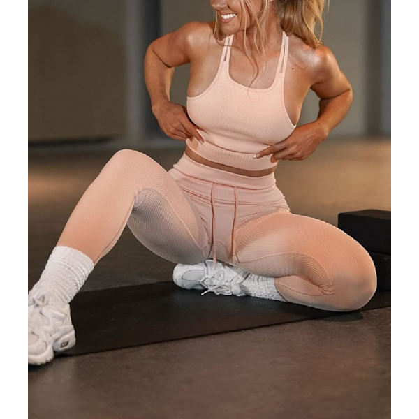 Träningsset för kvinnor 2-delat Ribbat sömlöst Racer Crop Tops Ruched Butt
