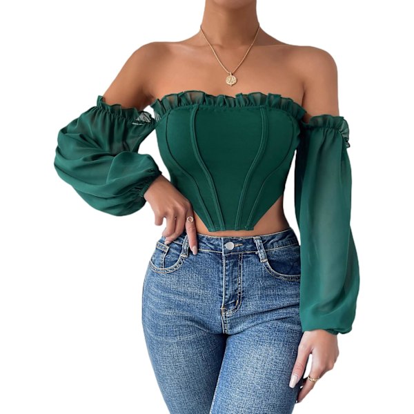 Kvinners Off Shoulder Frill Trim Lang Ermet Asymmetrisk Hem Korsett Crop Top