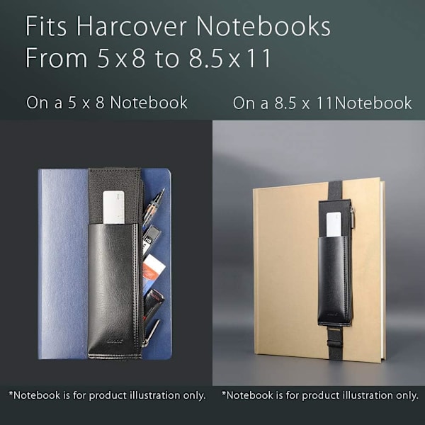 Justerbar elastisk båndholder, blyantholder, lynlås pennepose til hardcover-journaler, notesbøger, planlæggere, passer til notesbøger fra 5x8