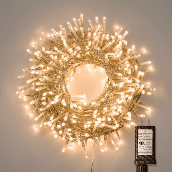 99ft 300 LED Lyskæde Indendørs Udendørs, Varm Hvid Julelys Klar Ledning, 8 Tilstande Vandtæt Blinkende Fe Lyskæde Stik til
