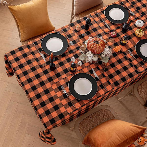 Halloween Rutete Bordsduk Rektangel - Oransje Buffalo Plaid Høst Bordsduker, Flekkbestandig Vaskbar Bordduk for Spising/Fester/Høytid