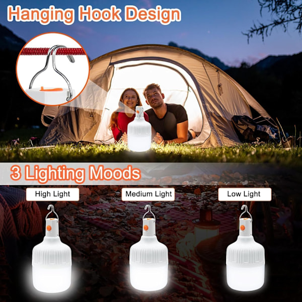 USB Campinglykta - 600LM 3 Lägen LED | Uppladdningsbar & Vattentät för Utomhusbruk, Nödsituation, 2-pack