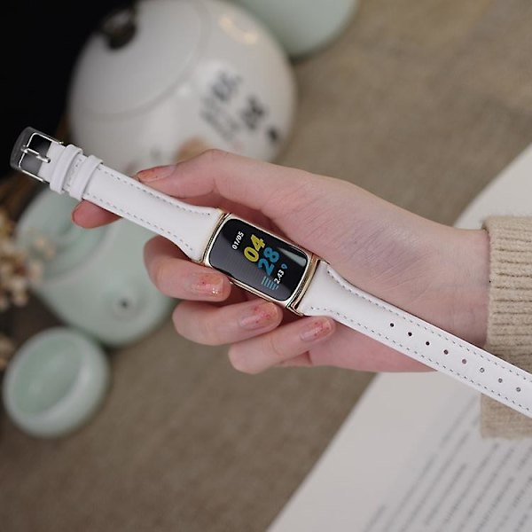 För Fitbit Charge5 Mijobs Äkta Läder Slim Watch Band RIB White-Silver