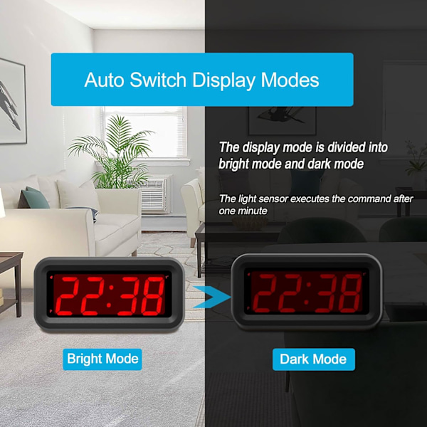 Digital väckarklocka endast batteridriven, LED-stor display, 2-nivåers ljusstyrkedimmer, 4 AA-batterier håller klockan igång i mer än 12 månader, svart