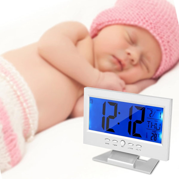Bordsur, LCD-display Digital Sound Sensor Klocka Bordslarmklocka med Smart Nattljus och Snooze Tid/Kalender/Temperatur Display(Silver)