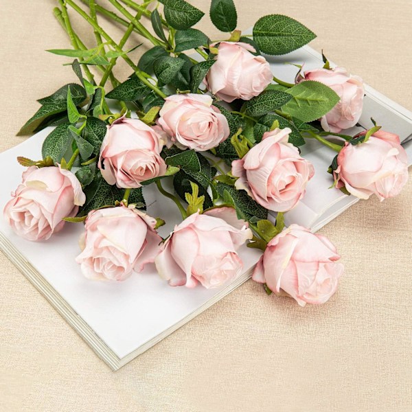 Kunstige roseblomster lang stilk - Pakke med 10, lys rosa