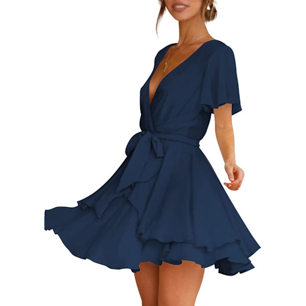 Kvinders Kjoler Sommer Lagdelt Ruffle Hem Talje Binde Lynlås Bag Mini Kjole Wrap