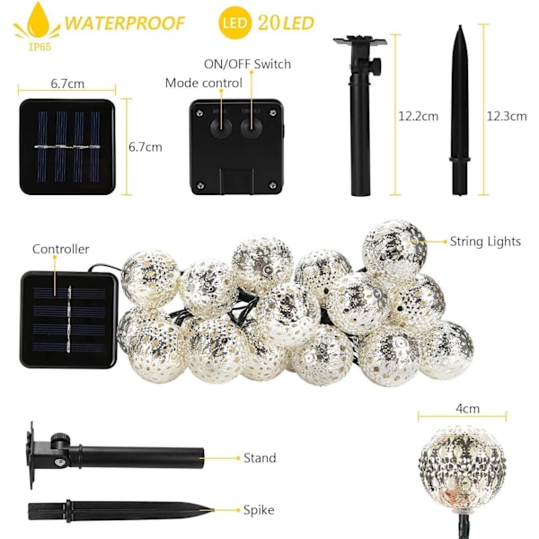 Silver Marockansk Orb Ljus, Vattentät 20LED 8 Lägen Metall Goble Lykta Sol Dazzling Marockansk Fairy String Ljus för Utomhus Trädgård Gård Fest
