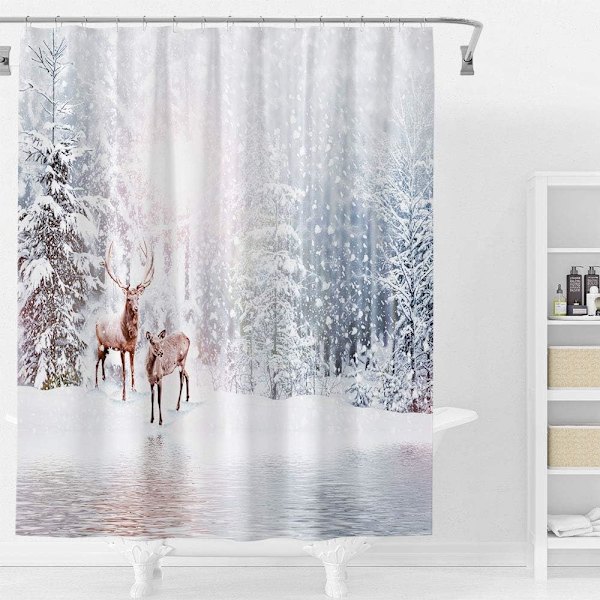 Vintertema Merry Christmas Duschgardin Set (183x183 cm) med 12 kroker