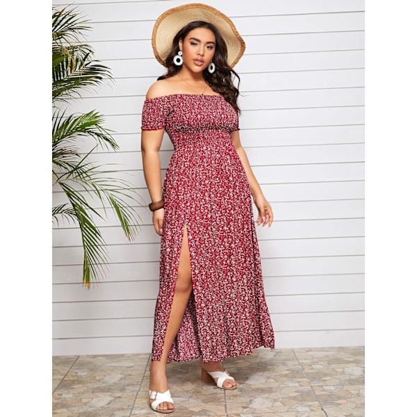 Plus Size Boho Blomster Off Shoulder Sommer Split A-Linje Lang Maxi Kjole til Kvinder