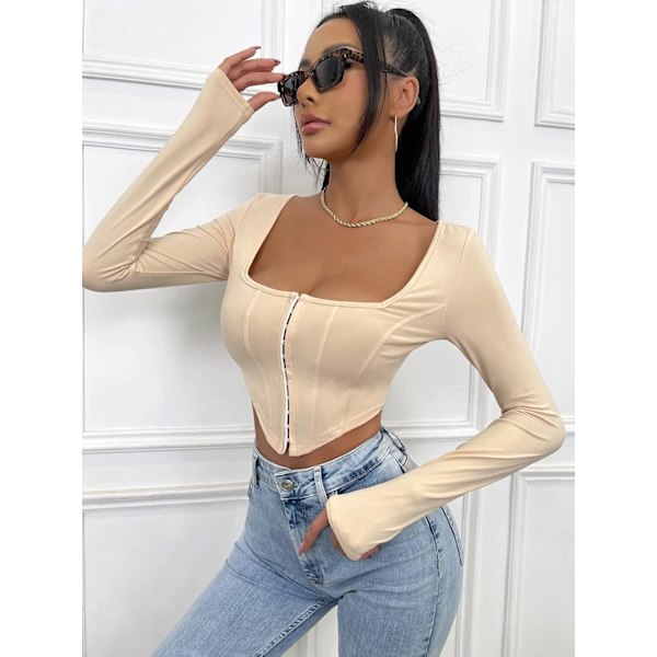 Kvinnors långärmad Crop Top Tee Square Neck Basic T-shirt
