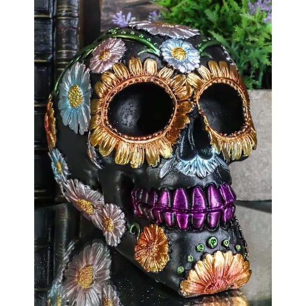 Ebros Black Day of The Dead Floral Blooms Sugar Skull Figurine DOD Skulls Statue 6\" Lang Som Ossuary Macabre Decor Samleobjekt (Spring Spring