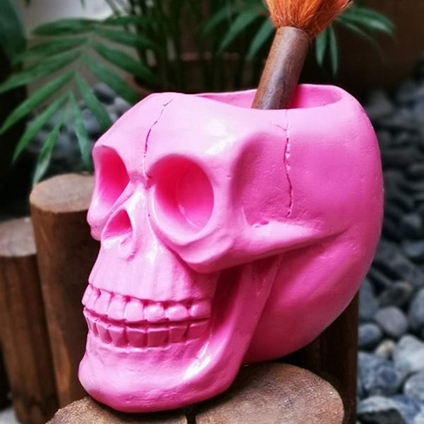 Mkeup børste orgnizer kraniehoved n holder blyantholder kop beholder orgnizer til hjemmekontor halloween borddekoration lyserød multi multi