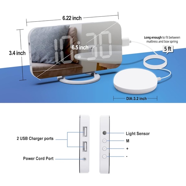 Hög digital väckarklocka för tunga sovare vuxna med sängvibrator, 2 USB-laddare, justerbar LED-lampa, snooze, larm, klocka för sovrum, vit