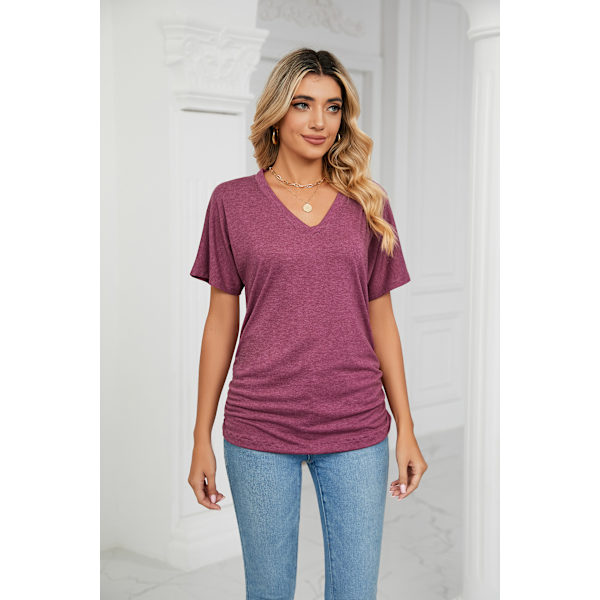 V-ringad enfärgad lös T-shirt damtopp