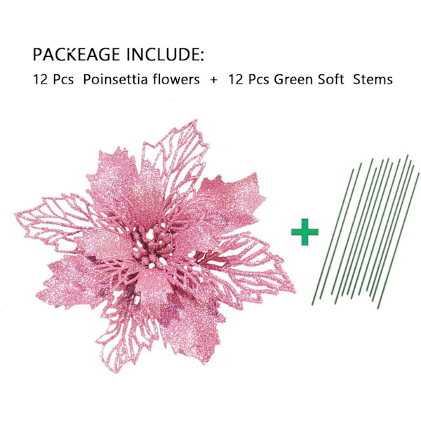 Pakke med 12 glitter kunstige julestjerne blomster julekrans jul