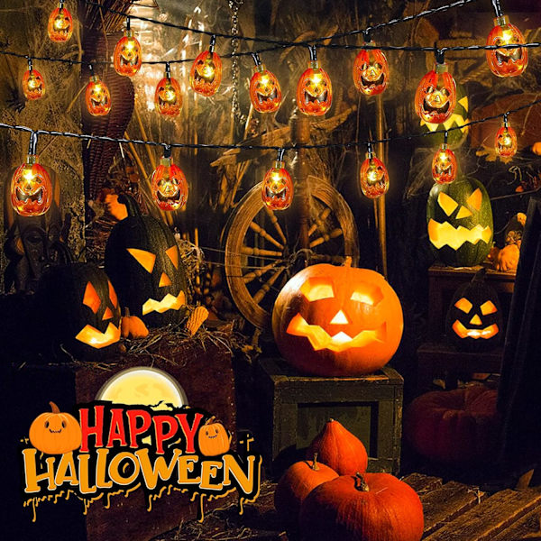 2 Pakke Solcelledrevne Halloween Græskar Lyskæder, 20ft, 30 LED'er, 8 Lystilstande, Vandtætte, Indendørs/Udendørs Brug Orange Græskar, 2PAKKE