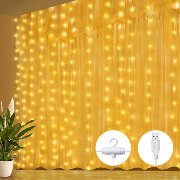 Gardinstreng med 200 LED-lys, 2 x 2 meter, USB-drevne, varmt hvide