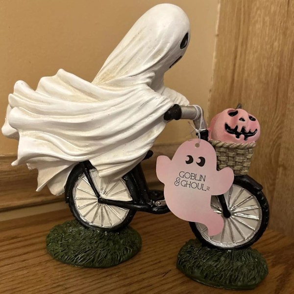 Spöke som cyklar på pumpor     Rosa pumpa dekor,     Rosa pumpahartsfigur, Goblin och Ghoul Ghost Riding Bicycle Rosa pumpa 2-pack