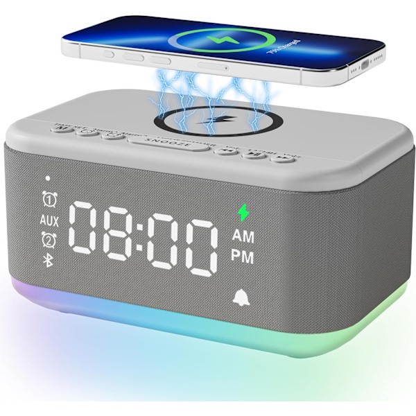 Väckarklocka Högtalare Trådlös Laddare, Digital Sovrum Bluetooth, Väckarklocka Dimbart Ljus Sovrum Dubbel Alarm Snooze Dimmer 12 24H RGB Natt