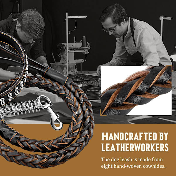 4FT Läderkoppel och Halsband Set för Hund, Full Grain Läder Halsband och Starkt Handvävt Flätat Koppel, Robust Hundträningskoppel för Promenader