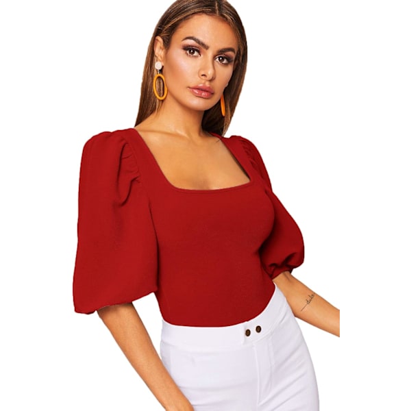 Romwe Casual Puff Sleeve Square Neck Slim Fit Crop Tee Tops til kvinder